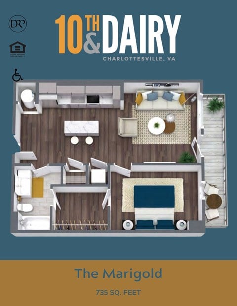 Floor plan for 1 bed, 1 bath, 735 sqft